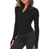 image:imageOYANUS Womens Long Sleeve Workout Tops Quarter Zip Pullover Workout Jacket Cropped Athletic Running Shirts with Thumb Holes BlackL