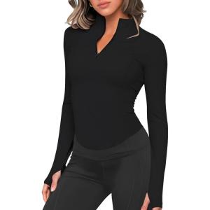 image:imageOYANUS Womens Long Sleeve Workout Tops Quarter Zip Pullover Workout Jacket Cropped Athletic Running Shirts with Thumb Holes BlackL