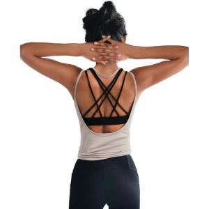 image:imageOYANUS Womens Summer Workout Tops Sexy Backless Yoga Shirts Open Back Activewear Running Sports Gym Tank TopsBeige
