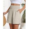 image:imageOYANUS Womens Summer Linen Shorts High Waisted Wide Leg Casual Beach Vacation Lounge Elastic Waist Shorts with PocketsBeige