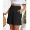 image:imageOYANUS Womens Summer Linen Shorts High Waisted Wide Leg Casual Beach Vacation Lounge Elastic Waist Shorts with PocketsBlack