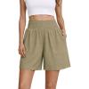 image:imageOYANUS Womens Summer Linen Shorts High Waisted Wide Leg Casual Beach Vacation Lounge Elastic Waist Shorts with PocketsKhaki