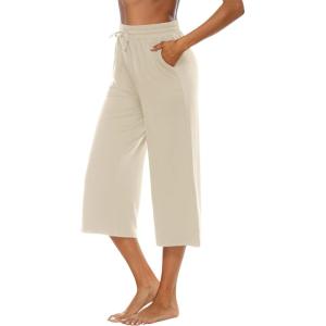 image:imageOYANUS Capris for Women Casual Summer Loose Comfy Drawstring Wide Leg Capri Pants with PocketsBeige