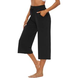 image:imageOYANUS Capris for Women Casual Summer Loose Comfy Drawstring Wide Leg Capri Pants with PocketsBlack