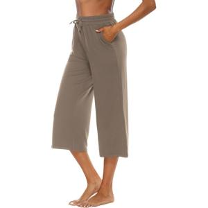 image:imageOYANUS Capris for Women Casual Summer Loose Comfy Drawstring Wide Leg Capri Pants with PocketsLightkhaki