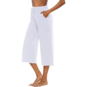 image:imageOYANUS Capris for Women Casual Summer Loose Comfy Drawstring Wide Leg Capri Pants with PocketsWhite