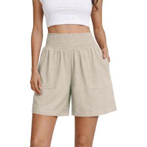 image:imageOYANUS Womens Summer Linen Shorts High Waisted Wide Leg Casual Beach Vacation Lounge Elastic Waist Shorts with PocketsBeige