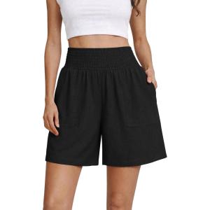 image:imageOYANUS Womens Summer Linen Shorts High Waisted Wide Leg Casual Beach Vacation Lounge Elastic Waist Shorts with PocketsBlack