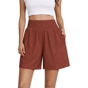 image:imageOYANUS Womens Summer Linen Shorts High Waisted Wide Leg Casual Beach Vacation Lounge Elastic Waist Shorts with PocketsBrick Red