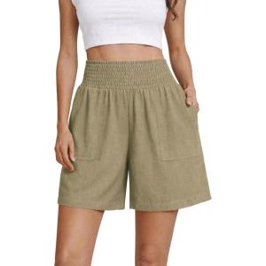 image:imageOYANUS Womens Summer Linen Shorts High Waisted Wide Leg Casual Beach Vacation Lounge Elastic Waist Shorts with PocketsKhaki