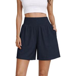 image:imageOYANUS Womens Summer Linen Shorts High Waisted Wide Leg Casual Beach Vacation Lounge Elastic Waist Shorts with PocketsNavy Blue