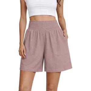 image:imageOYANUS Womens Summer Linen Shorts High Waisted Wide Leg Casual Beach Vacation Lounge Elastic Waist Shorts with PocketsPink